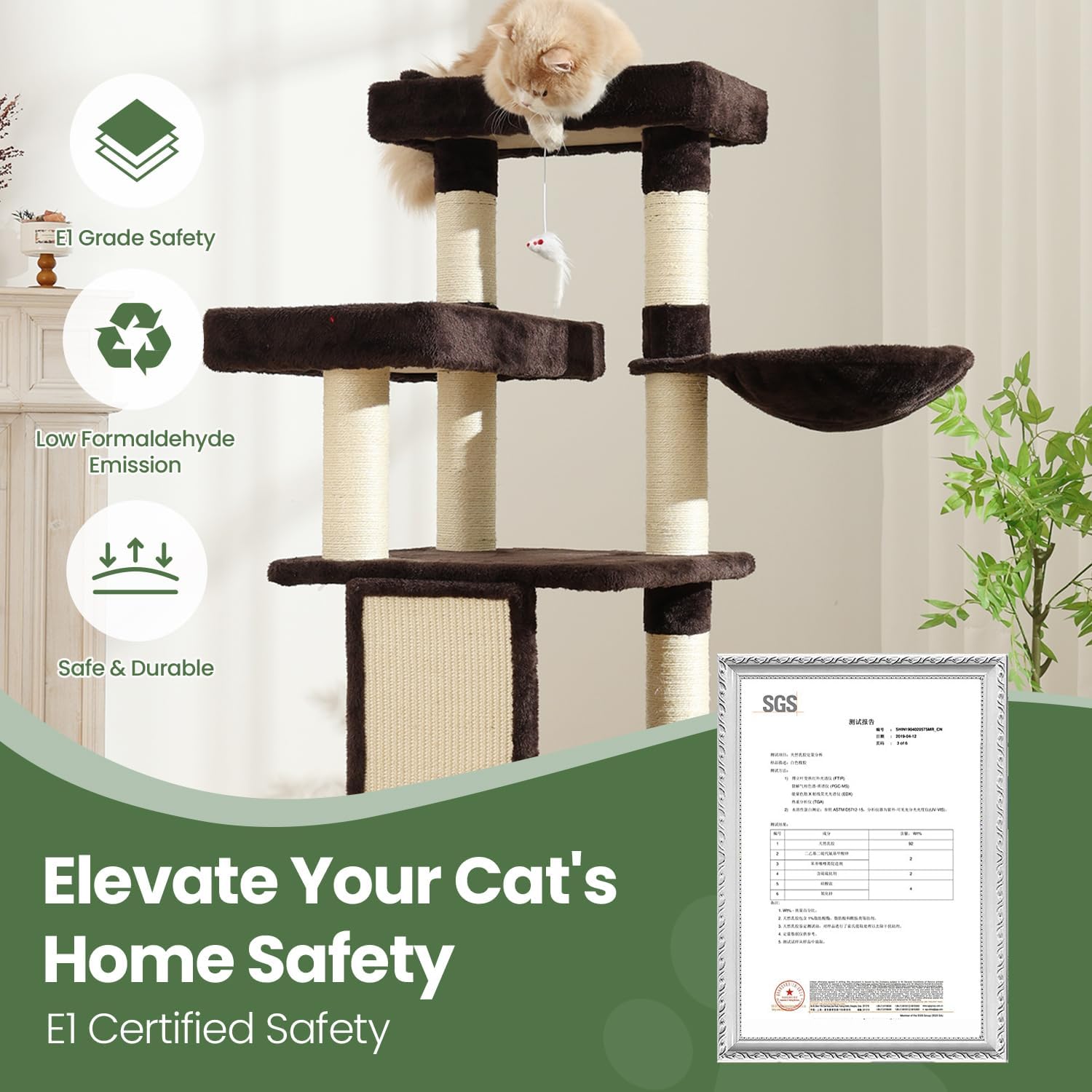 Cat Tree, 50.31-Inch Cat Tower for Indoor Cats, Cat House with Padded Platform Bed, Toy Mouse Ball, Large Cozy Condo, Hammocks and Sisal Scratching Posts for Kittens Play, Brown