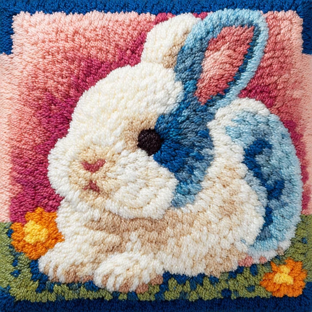 Taxpy DIY Latch Hooking Pillow Kits, Animal Rabbit Pillow Cover Preprinted Throw Pillow Needlework Crochet Yarns Latch Hook Cushion Making17x17inch