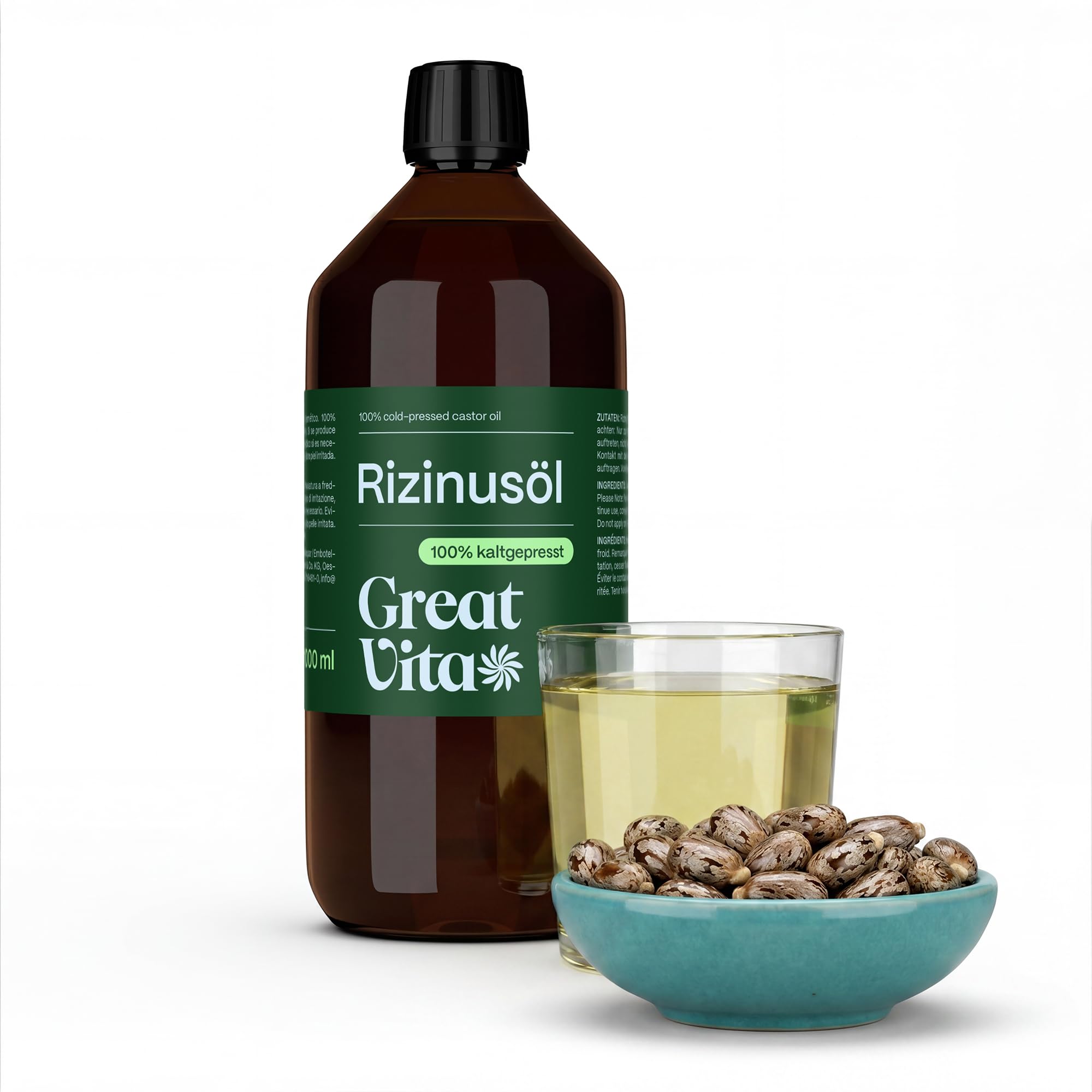 GreatVita Olej rycynowy 1 litr – 100% czysty olej tłoczony na zimno, naturalny Ph. Eur., serum do rzęs, olejek do włosów, naturalna pielęgnacja włosów – nadruk może się różnić