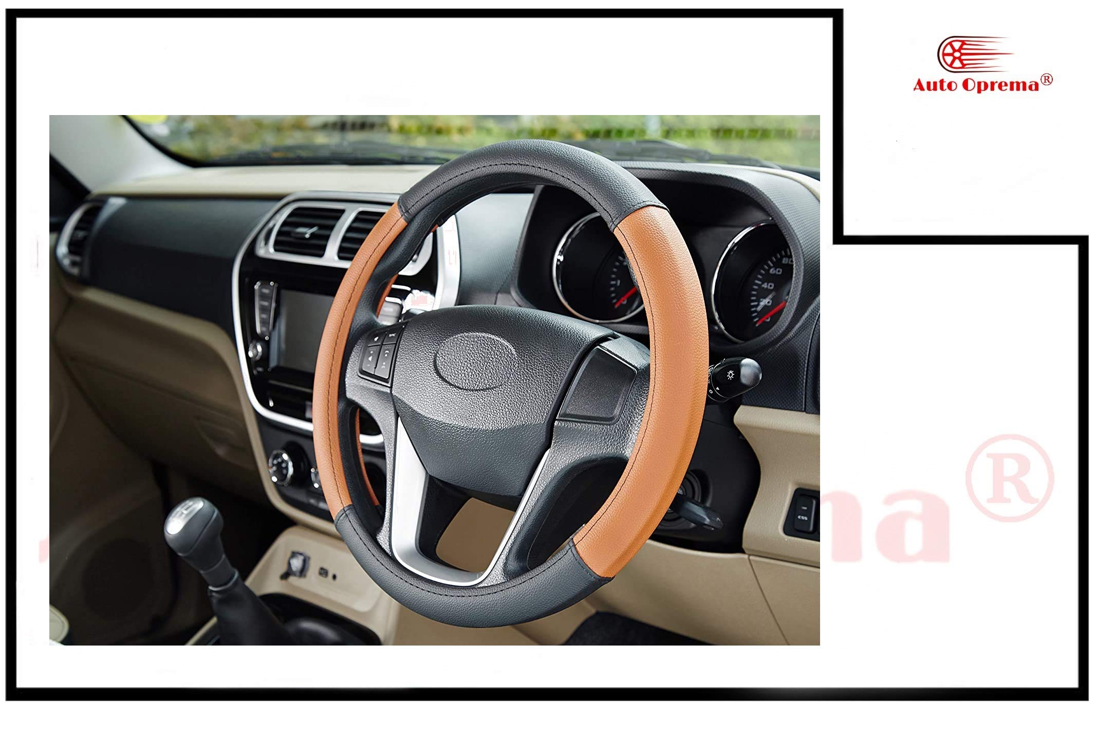 Auto Oprema® Car Grip Steering Wheel Cover - Leather, Breathable, Anti Slip (Black-Tan) Compatible With Grand Punto - Image 4 thumbnail