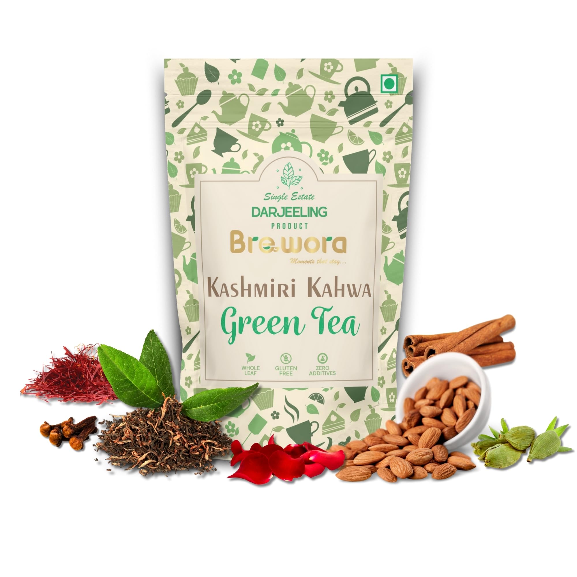 Brewora Kashmiri Kahwa Green Tea Pouch | Traditional Saffron & Spice Blend with Almonds | Aromatic Wellness Drink | Rich Flavor & Refreshing Taste | Loose Leaf Tea in Resealable Pouch_200 gm