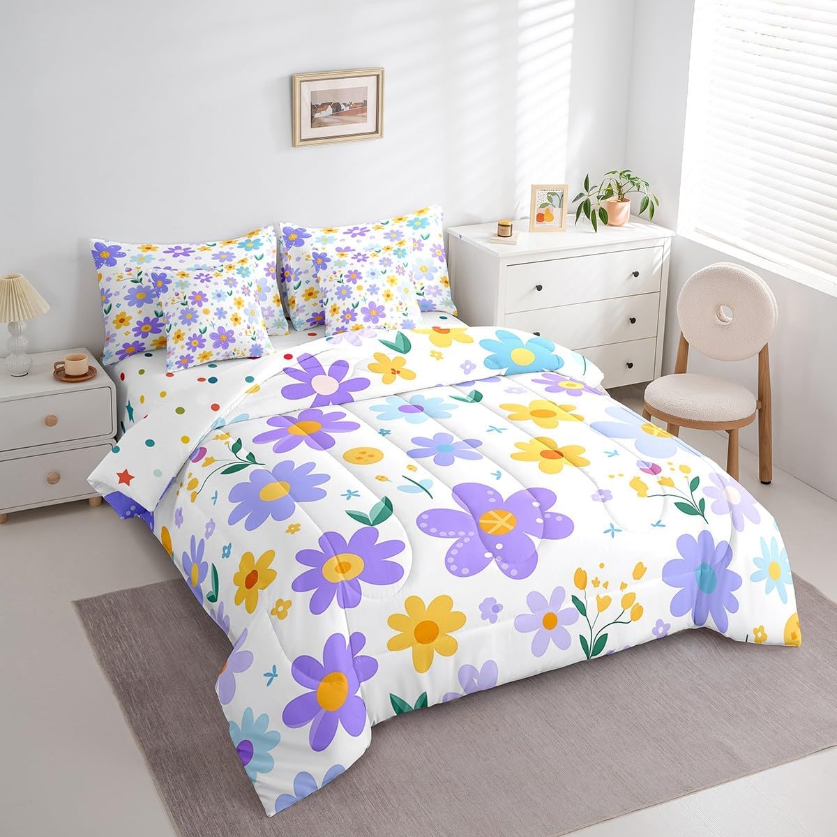 Feelyou Cute Flower 7 Piece Bedding Set Twin Size Kids Cartoon Cute Floral Bed in a Bag for Girls Teens Purple Yellow Comforter Set with Sheets Kawaii Bed Set - Image 6