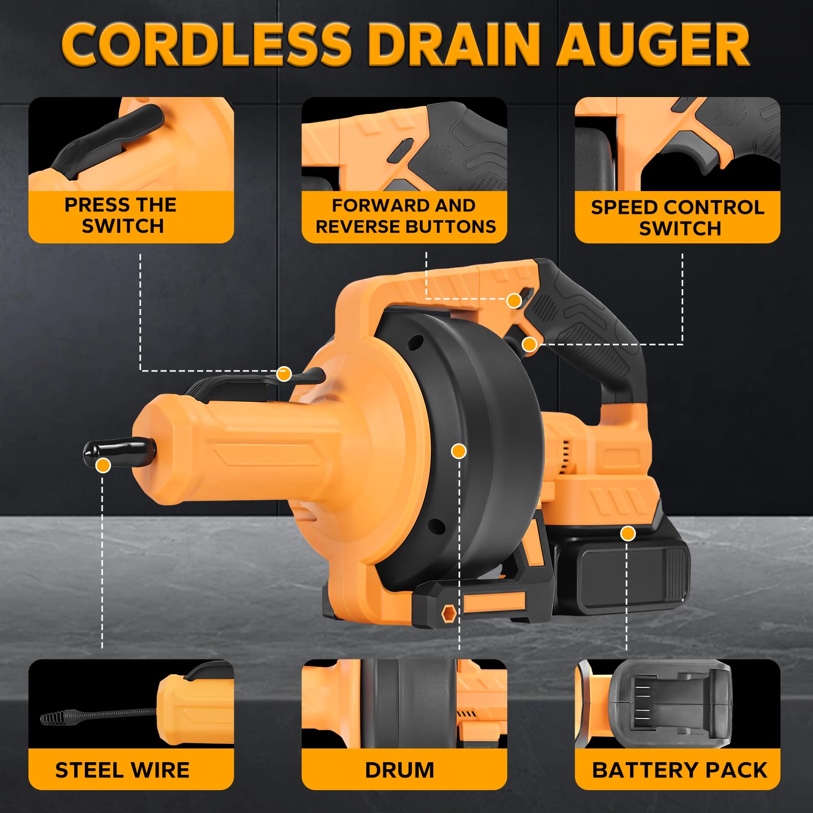 Taladro de drenaje inalámbrico para batería Dewalt de 20 V, serpiente de drenaje de fontanería de alimentación automática de 610 RPM con cable reemplazable de 23 pies para fregadero, inodoro, bañera