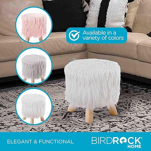 Miniatura 5 de BIRDROCK HOME Taburete otomano de piel sintética, silla de tocador tapizada con patas de madera natural, asiento acolchado suave y compacto para