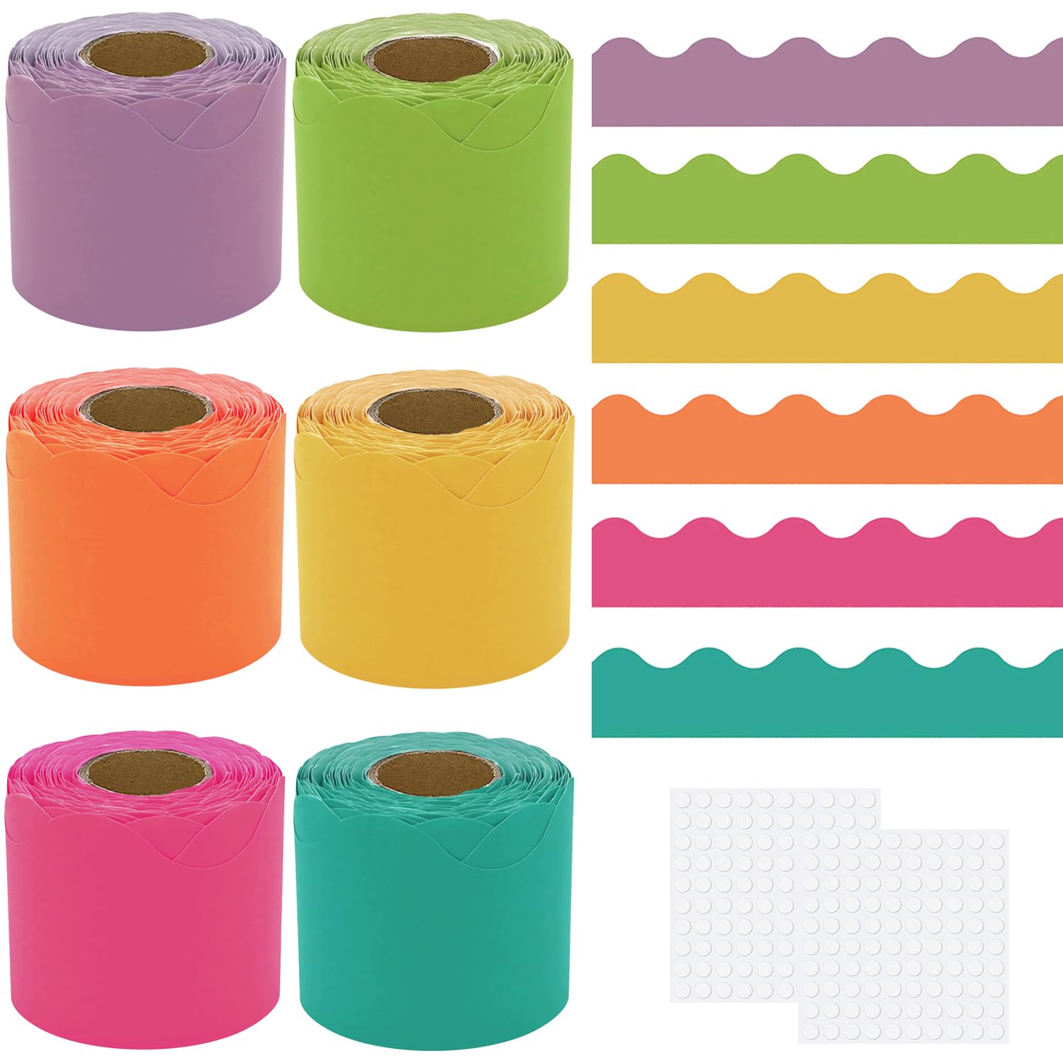 Colorful Classroom Borders for Bulletin Board, 6Rolls 60M Classroom Blackboard Display Trim, Removable Corrugated Border Roll 200pcs with Glue Point Dots, School Whiteboard Wall Decor