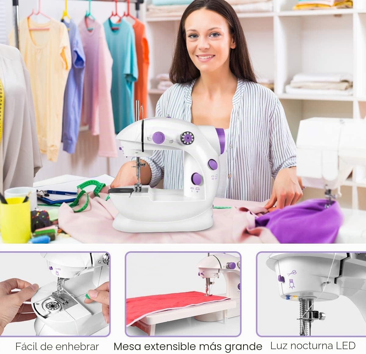 Mini máquina de coser automática para principiantes, máquina de coser eléctrica portátil de doble velocidad con mesa de extensión, luz, kit de costura para el hogar, viajes