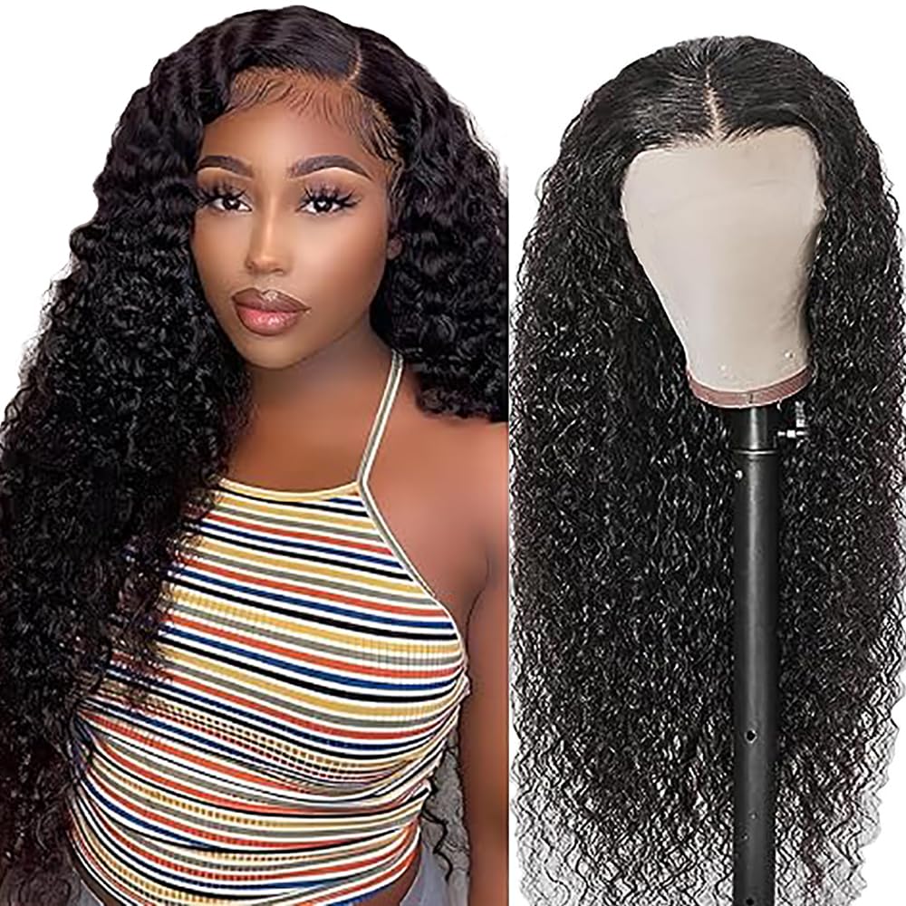 Parrucca Donna Capelli Veri Umani Curly Wave 4X4 Human Hair Wig Free Part Glueless 150% Density Black #1B Real Unprocessed Hair Parrucche 24 Inch