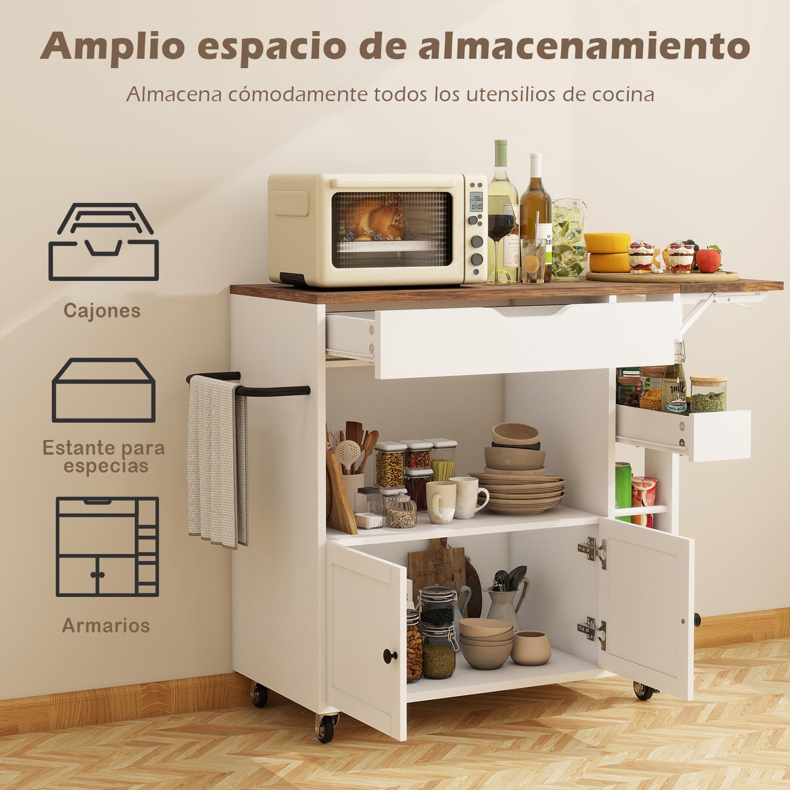 YU YUSING Isla de Cocina con Ruedas y Encimera Extensible, Carrito Cocina Compacto 104x40x89cm, Mueble Auxiliar de Cocina con 4 Estantes Abiertos, 2 Cajones, Puerta, Irador de Hierro, Cajón, Blanco