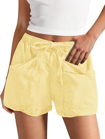 Yanekop Womens Cotton Linen Shorts High Waisted Drawstring Cargo Shorts
