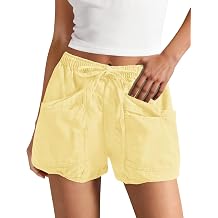 Yanekop Womens Cotton Linen Shorts High Waisted Drawstring Cargo Shorts | Elastic Waist, Wide Leg, Comfy Cute Short Pants, Summer Beach Vacation Bottoms, Oversized Wrap Patch Pockets