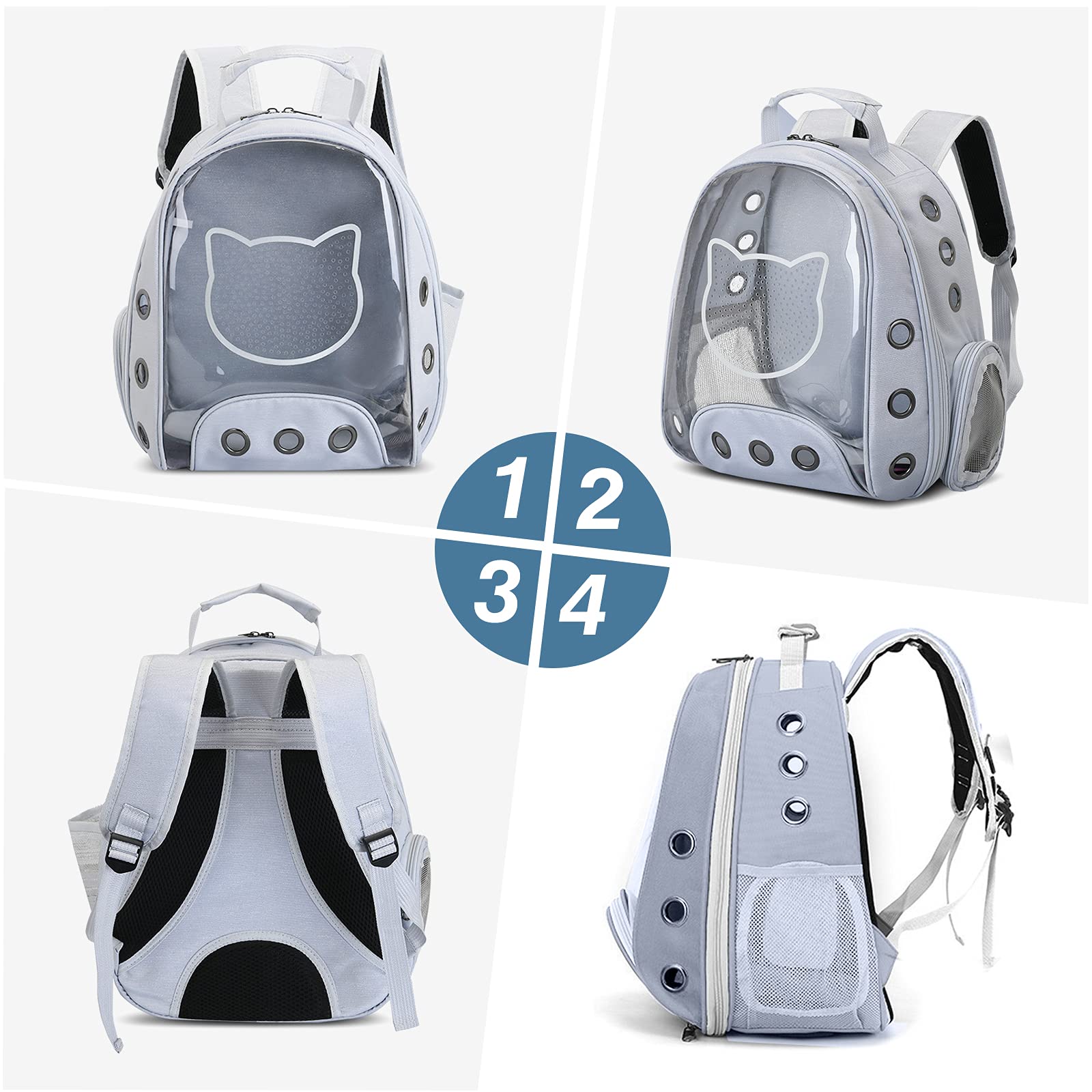 PETCUTE Katzenrucksack für Katzen und Kleine Hunde,Atmungsaktive Hunderucksack mit Abnehmbarer Matte,Katzen Rucksack bis 6kg,Faltbare Haustier Rucksack mit Transparentes Fenster,für Reisen Hellgrau