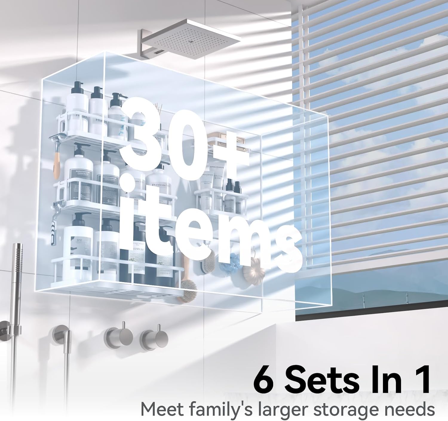 YASONIC Shower Caddy, 6 Pack Large Capacity shower organizer with Soap Holder and 12 Hooks, Rustproof Shelves for Inside Shower, No Drilling&Sleek Bathroom Organizers and Storage White - Image 3