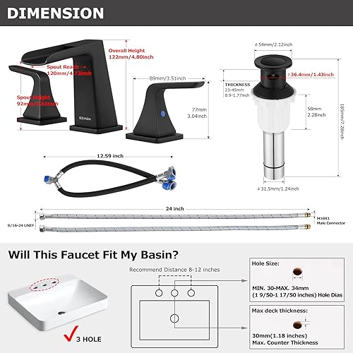 Miniatura 6 de EZANDA Grifo de baño de cascada de latón de 3 agujeros, grifo de lavabo de tocador generalizado de dos manijas con líneas de suministro de grifo y