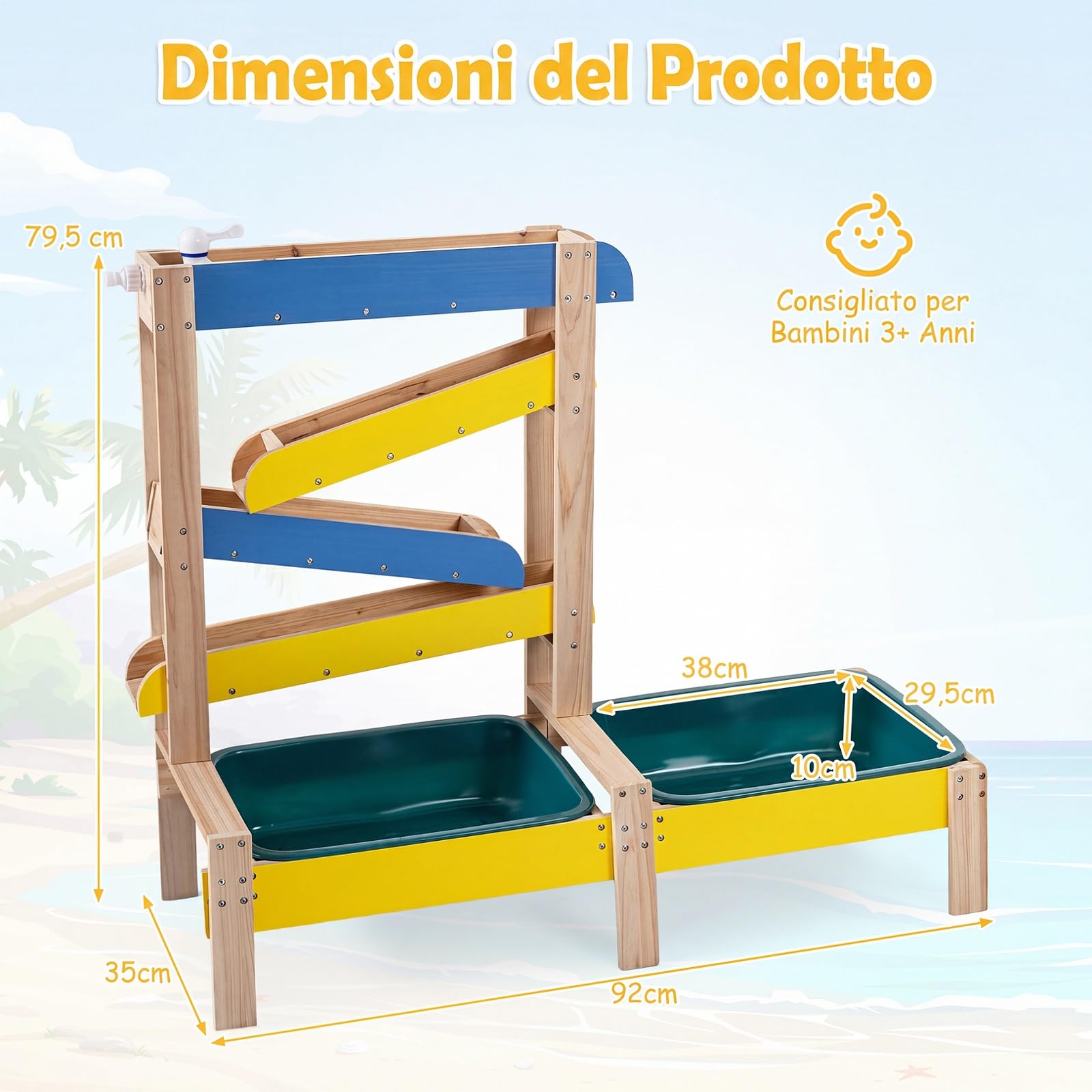 COSTWAY Tavolo Sabbia e Acqua in Legno, per Bambini 3+ Anni | Tavolo Gioco Acqua con 2 Vasche per l'Acqua, 2 Vasi per Piante, Barchette, Rubinetto e Sottomarino Giocattolo, 92x35x79,5 cm