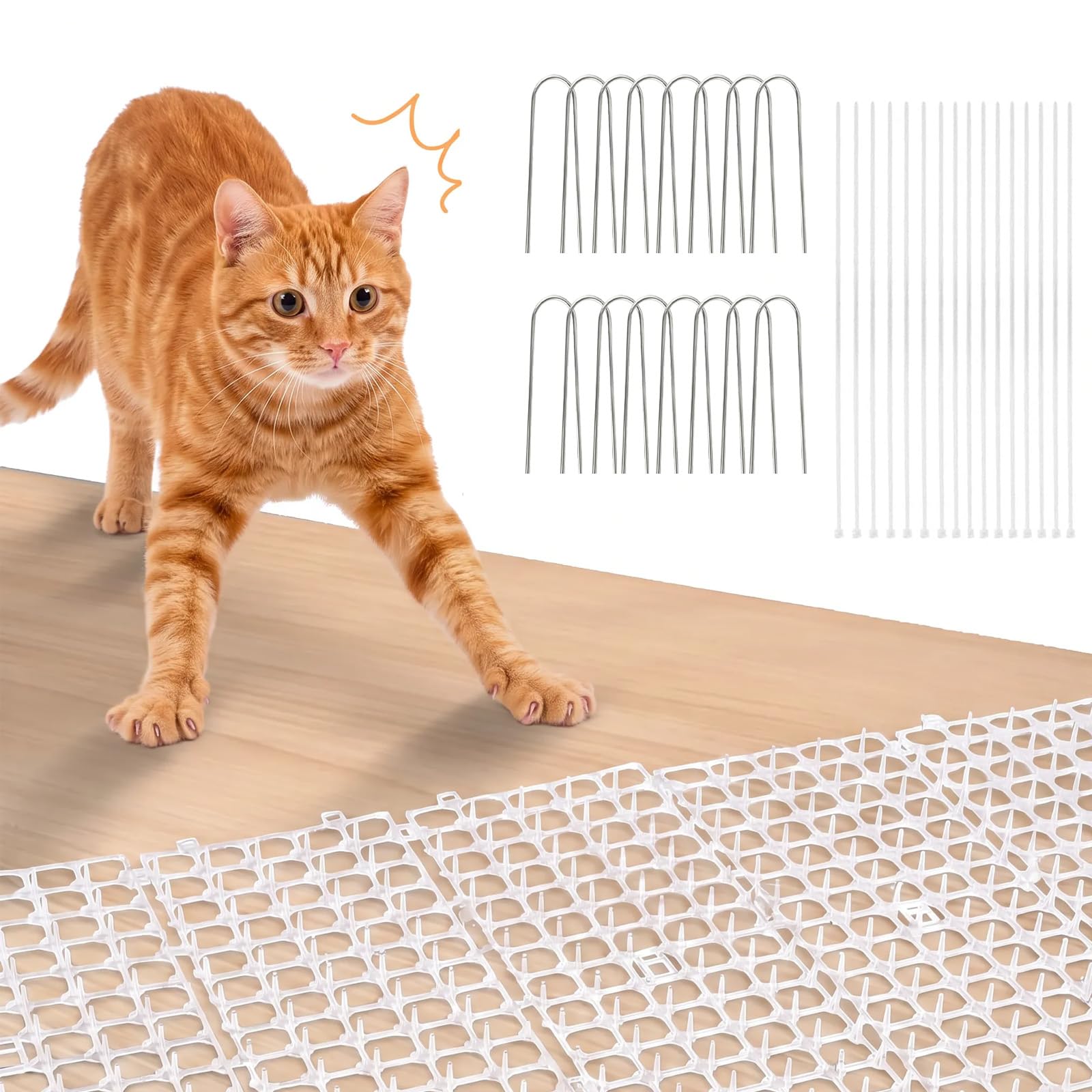 Anti Cat Spikes 30x400cm, White Plastic Cat Deterrent with Spikes, Cat Proof Fence with 16Pcs U-shaped Pegs and 16Pcs Ties, Anti Cat Prickle Strips for Garden, Fence, Outdoor Use