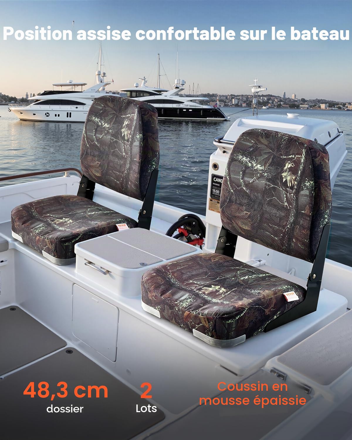 VEVOR Siège de bateau à dossier bas, chaise de bateau de pêche pliable avec coussin en éponge épais et tissu en polyester PU, cadre en PP solide, rabattable, pour yachts, navires, 2 pièces, camouflage