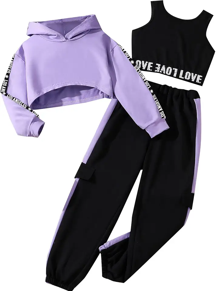 Hilinker Girls Graphic 3 Piece Outfits Workout Hoodie Crop Tank and Sweatpants Set