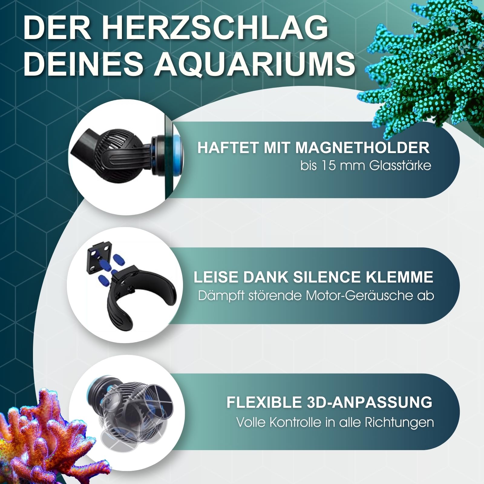 TUNZE Strömungspumpe Turbelle nanostream 6045 I Pumpe für 3D einstellbare Wasserströmung I Propellerpumpe mit Magnet Holder & Silence Klemme bis 15mm Glasstärke I Wasserpumpe für Aquarien