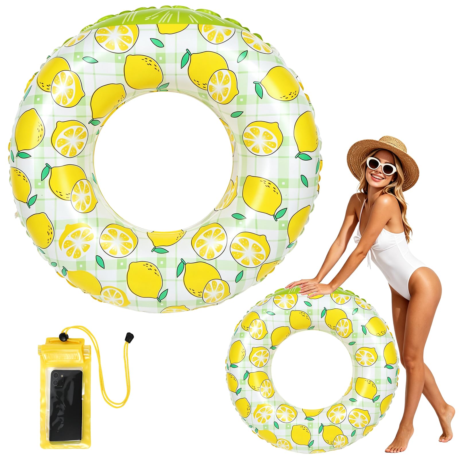 Swimming Rings, Inflatable Rubber Rings for Adults, Fruit Inflatable Pool Ring, Pool Float with Waterproof Phone Pouch for Summer Beach Pool Party (Yellow, 75 cm)