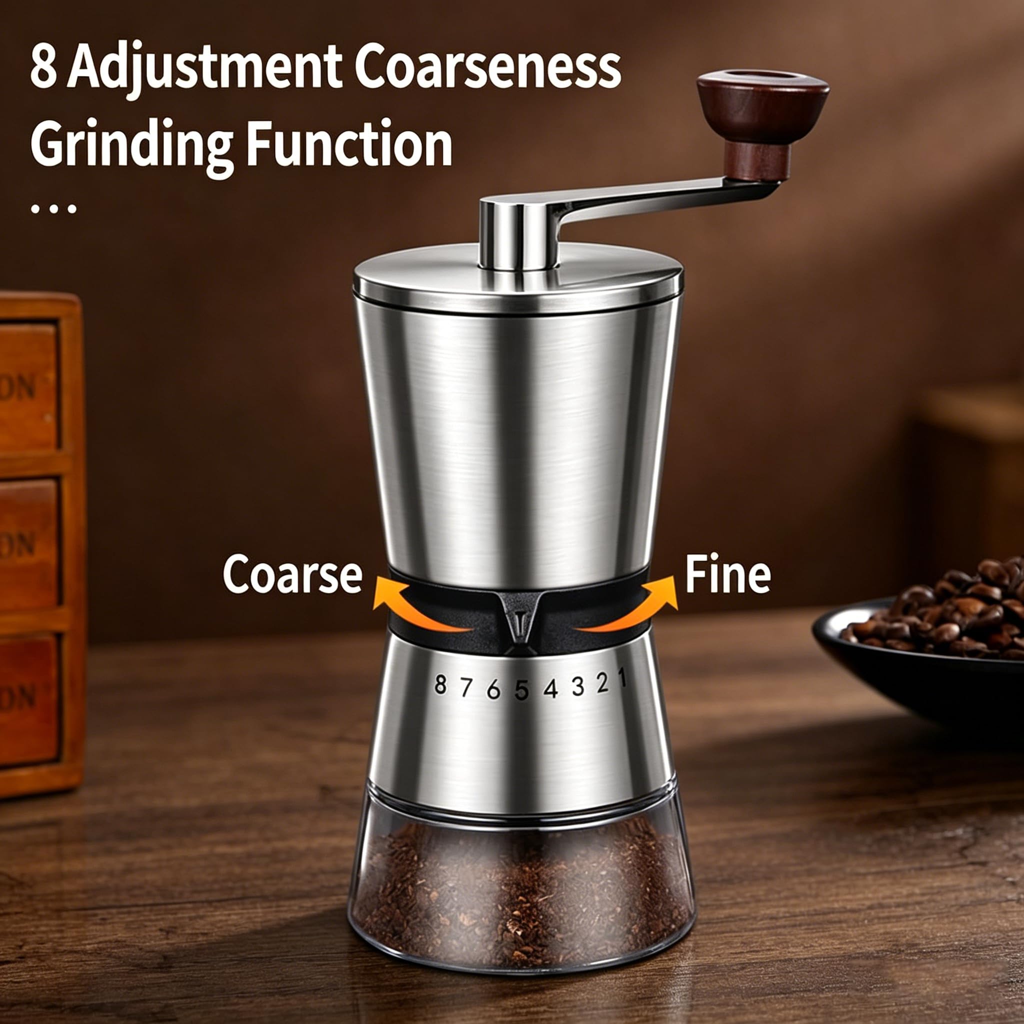 Molinillo de café manual, 8 ajustes de grosor ajustables, molinillo de café de manivela, molinillo cónico portátil para cafetera Moka, prensa francesa, goteo, espresso, molinillo de mano