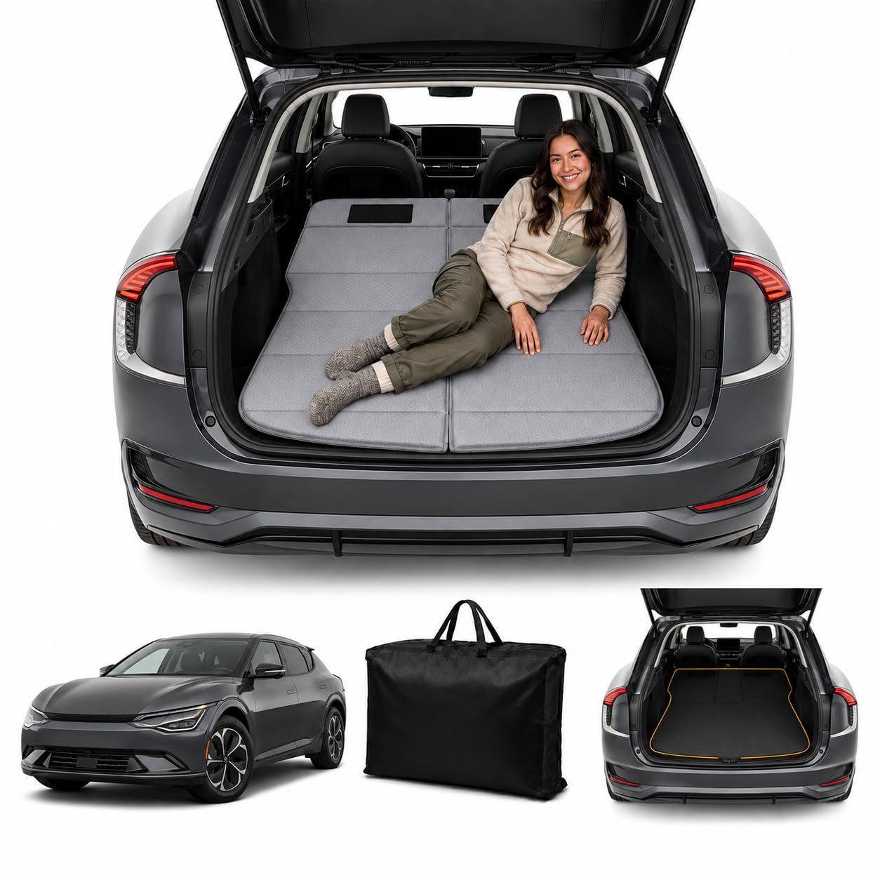 Car Mattress for 2022–2026 Kia EV6, Upgraded Non-Inflatable Thickened Foam SUV Car Camping Mattress, Foldable Trunk Sleeping Pad Car Bed Mattress for Road Trips Camping Travel