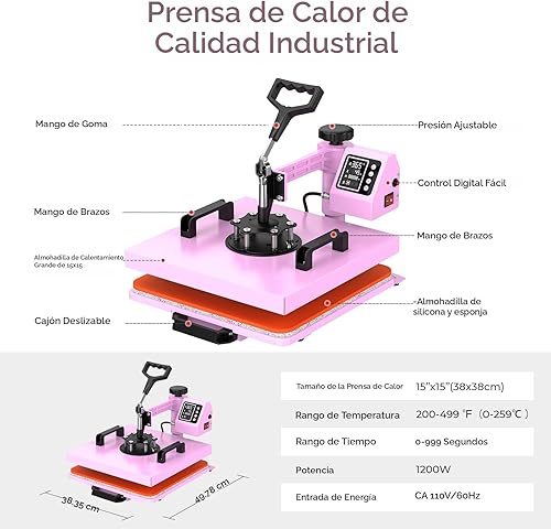 Miniatura 6 de Prensa de calor profesional de 15 x 15 pulgadas con accesorio de vaso de 30 onzas, prensa de calor combinada 8 en 1 para camisetas, vasos, latas de