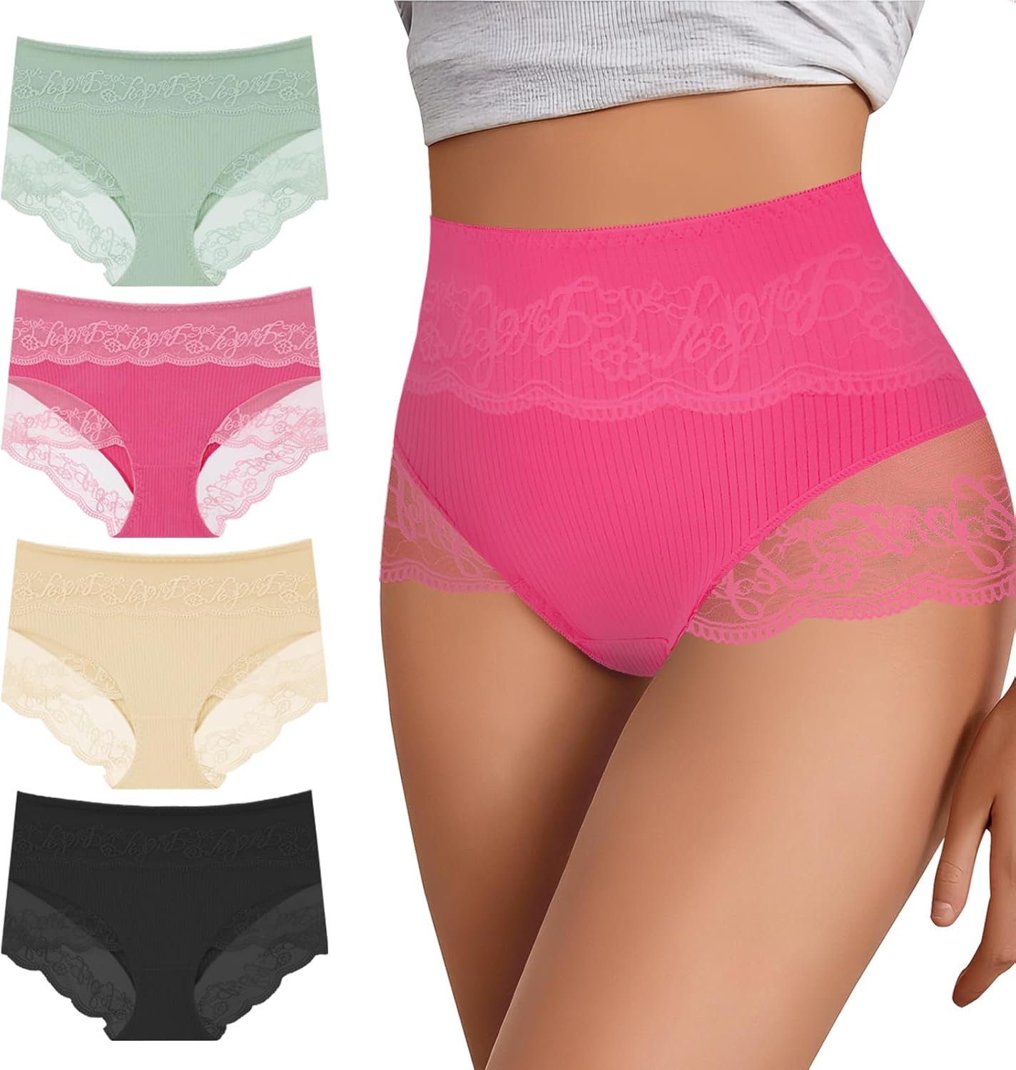 Women Cotton Underwear High Waisted Soft Lace Panties Comfort Breathable Sexy Ladies Brief Multipack
