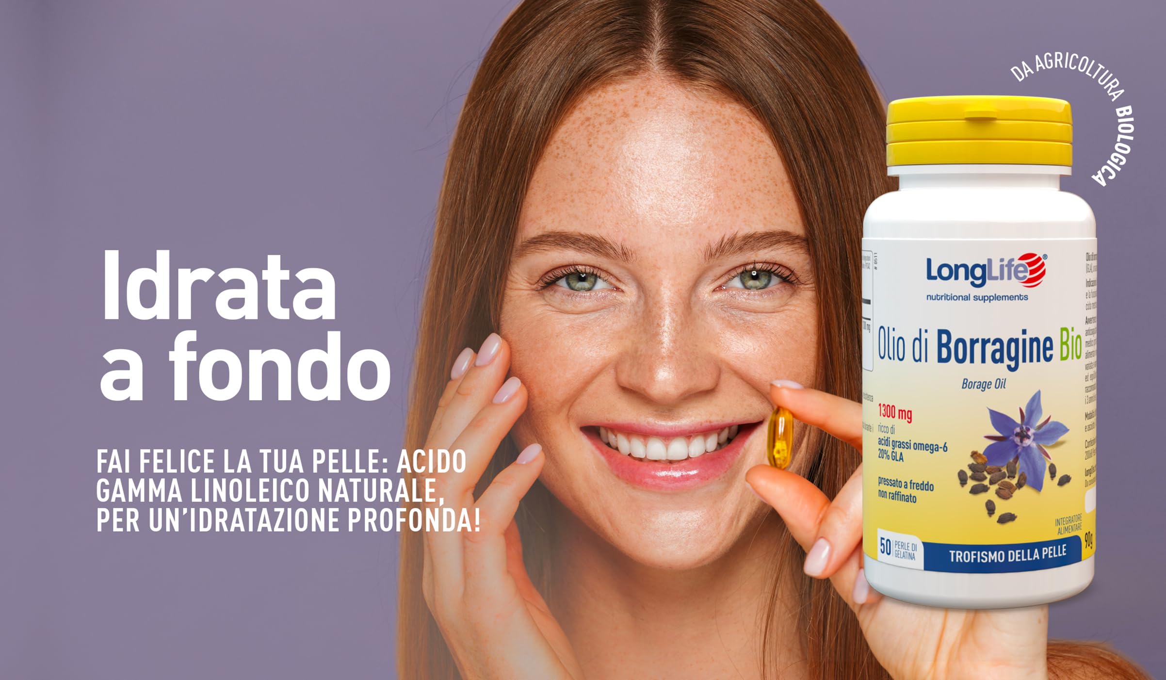 LongLife® Olio di Borragine Bio 1300mg | Integratore di borragine titolato al 20% in GLA | Omega 6 | Trofismo della pelle | Benessere della donna | 60 perle | Senza glutine e biologico