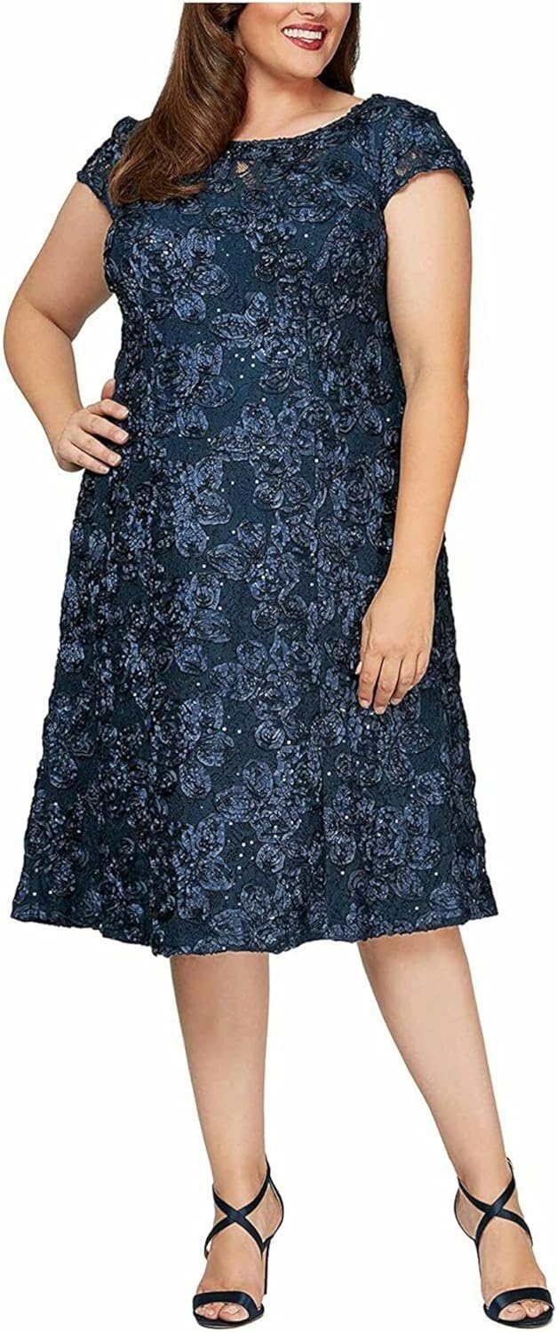 Alex Evenings Women's Plus Size Tea Length Dress with Rosette Detail at  Women’s Clothing store