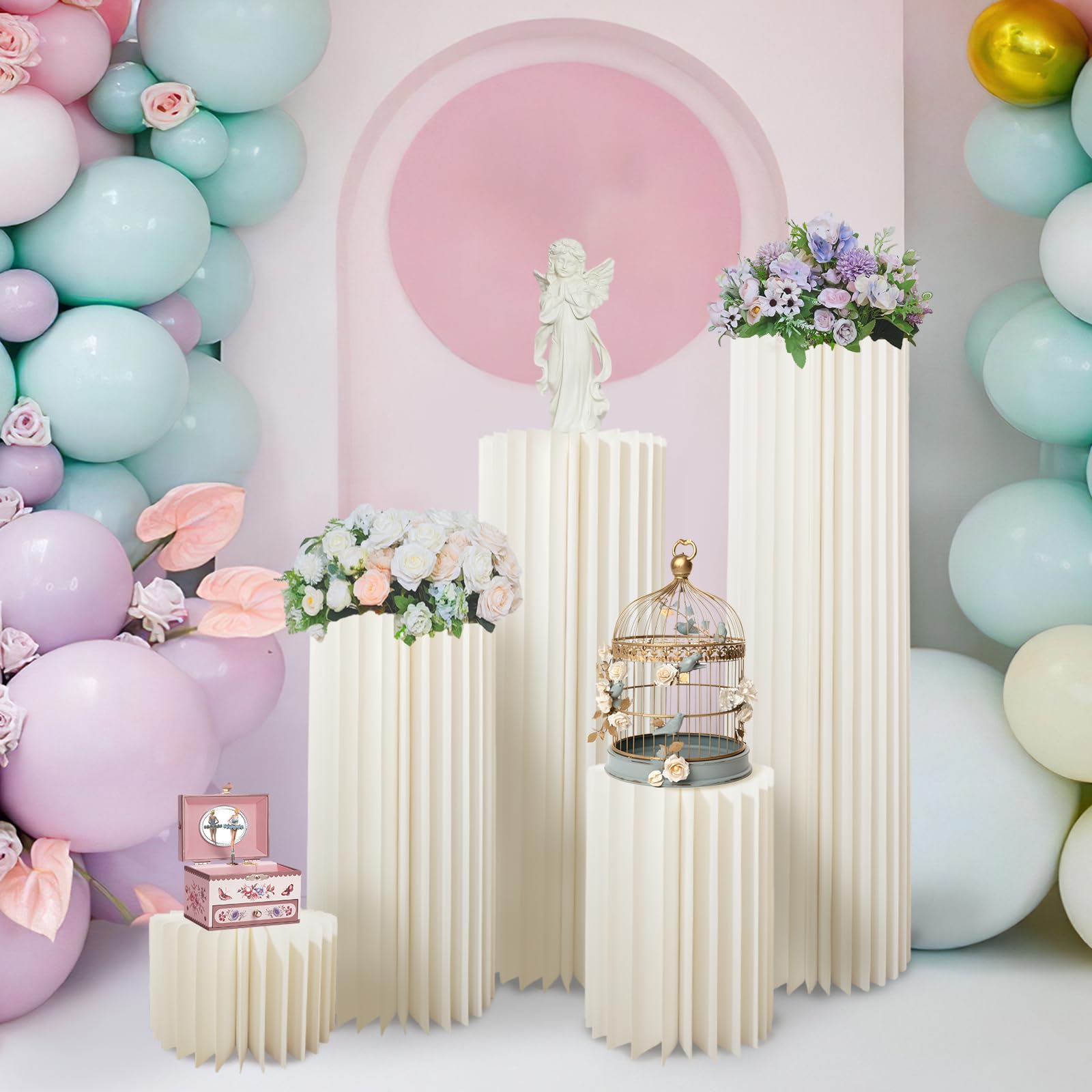 5PCS Cylinder Pedestal Stands for Parties, Round Foldable Cardboard Display Columns Stand Cylinder Cake Dessert Tables for Party Wedding Birthday Backdrop Decorations