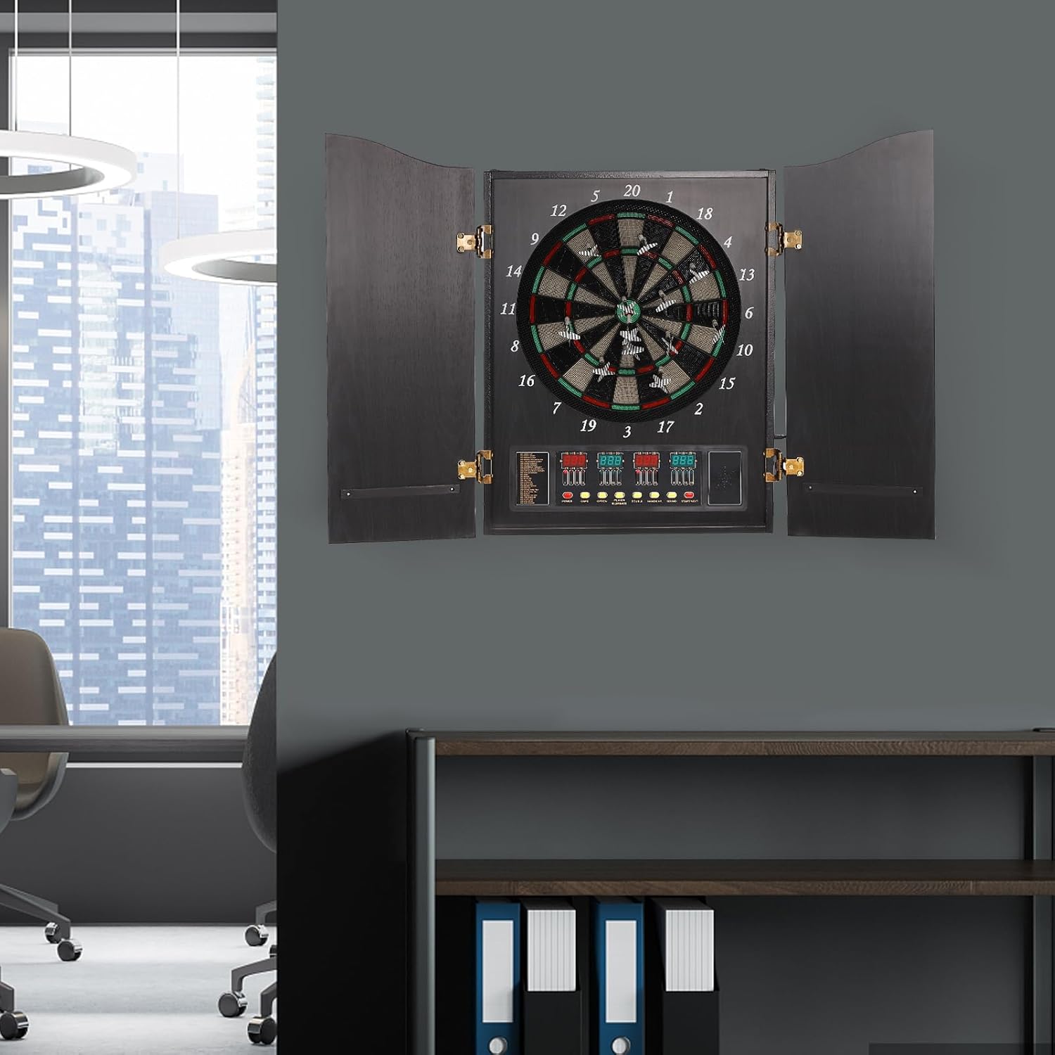 Dart Board, Electronic Decorative Dart Board Cabinet Set, Wooden Cabinet Doors with Integrated Scoreboard for Family Game Rooms up to 16 Players (12*Soft Tip Darts)