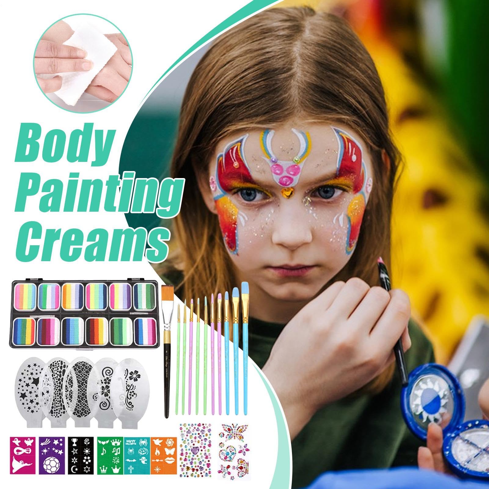 Kit Per Trucco Viso Set Con Stencil Per Pittura Facciale | Palette da 12 Griglie Cosmetici Solubili in Acqua con Colori Vivaci per Adolescenti Studenti Bambini Adulti Cosplay Feste e