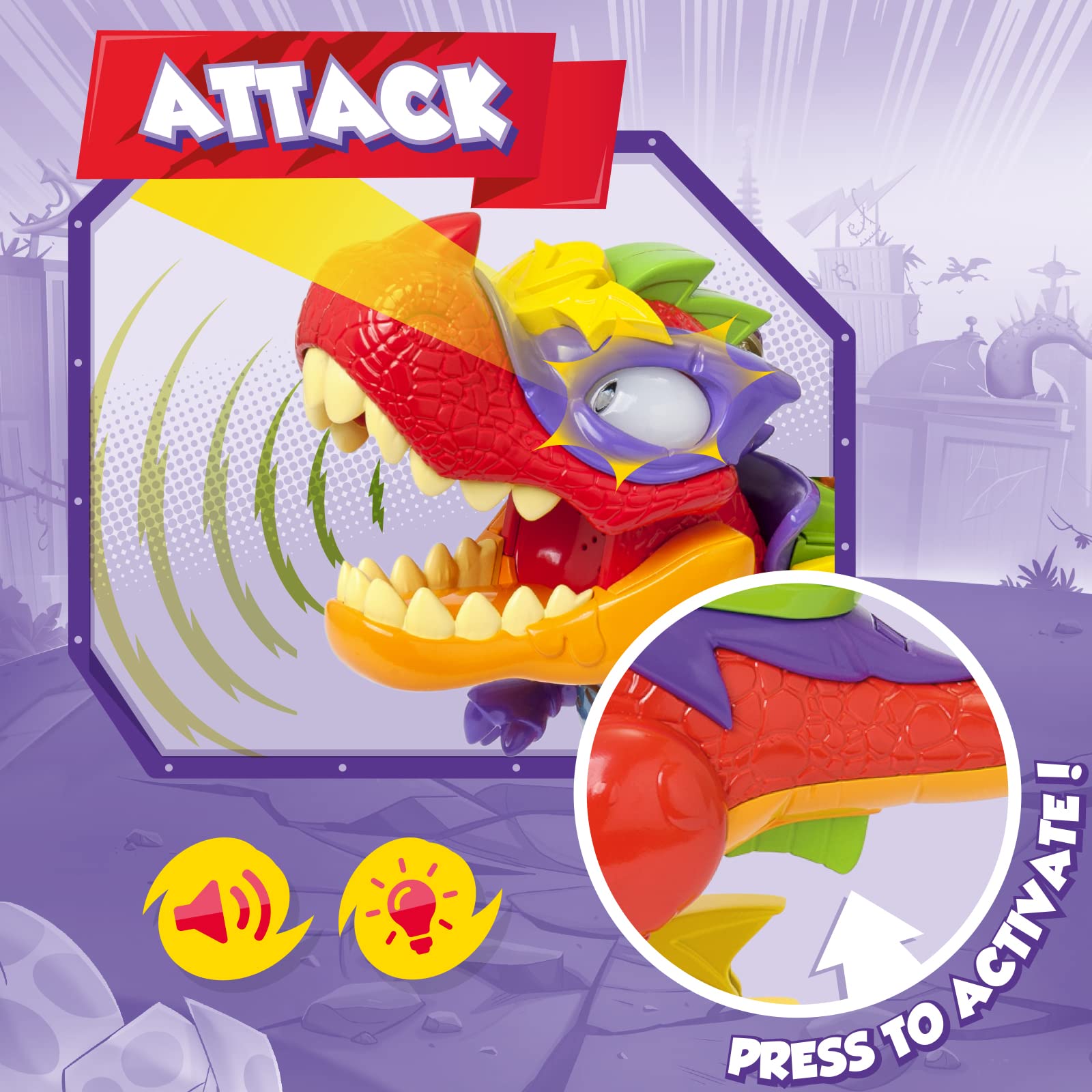SUPERTHINGS RIVALS OF KABOOM Superdino V-Rex, Dinosaurio articulado Villano con Efectos de luz y Sonido, 1 Kazoom Kid y 1 SuperThing