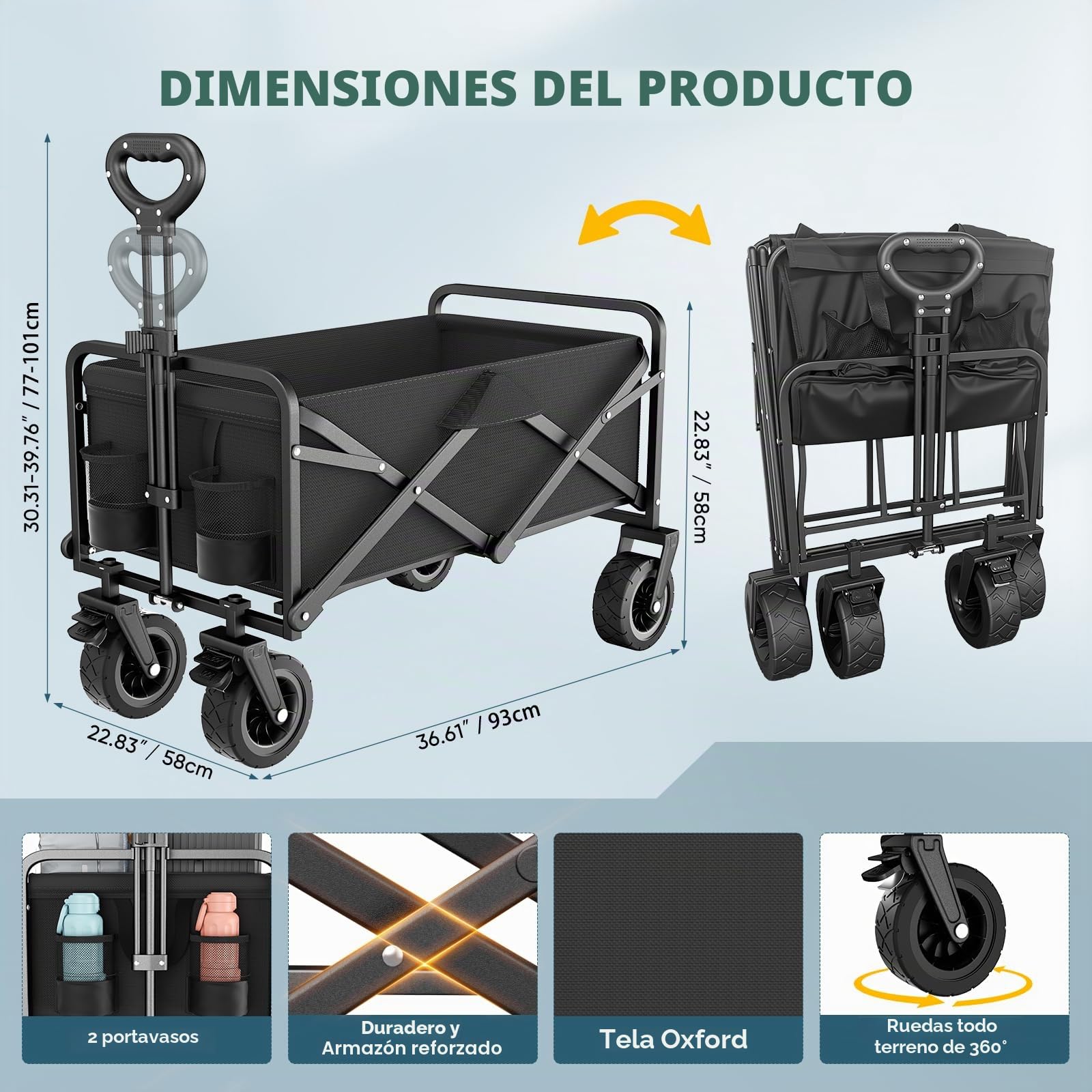 100L Carro Plegable Playa, Carro Playa Ruedas Grandes de Alta Capacidad de Carga, Ruedas Grandes Todoterreno, Capacidad 100KG Carrito de Playa para Jardín, Camping, Compras, Negro