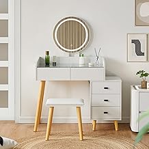 CLIPOP Schminktisch mit Spiegel und Beleuchtung,Verstellbare Helligkeit,80-106 cm Breit,Modern Make-up Tisch mit Glasplatte,5 Schubladen und Gepolsterter Hocker,Weiß