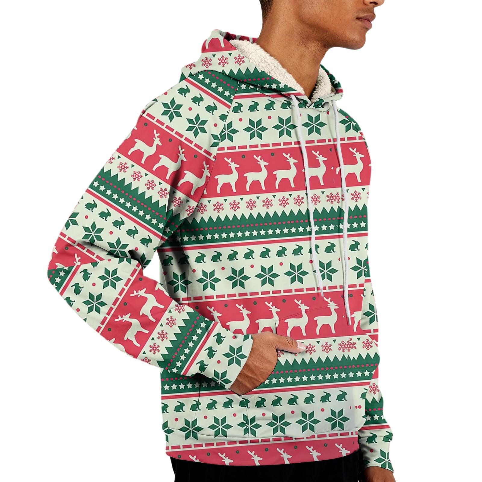 Sudaderas con capucha de Navidad forradas de forro polar para hombre divertido árbol de Navidad reno sudadera tallas grandes vestidos navideños tops de manga larga cálido jersey sherpa novedad traje