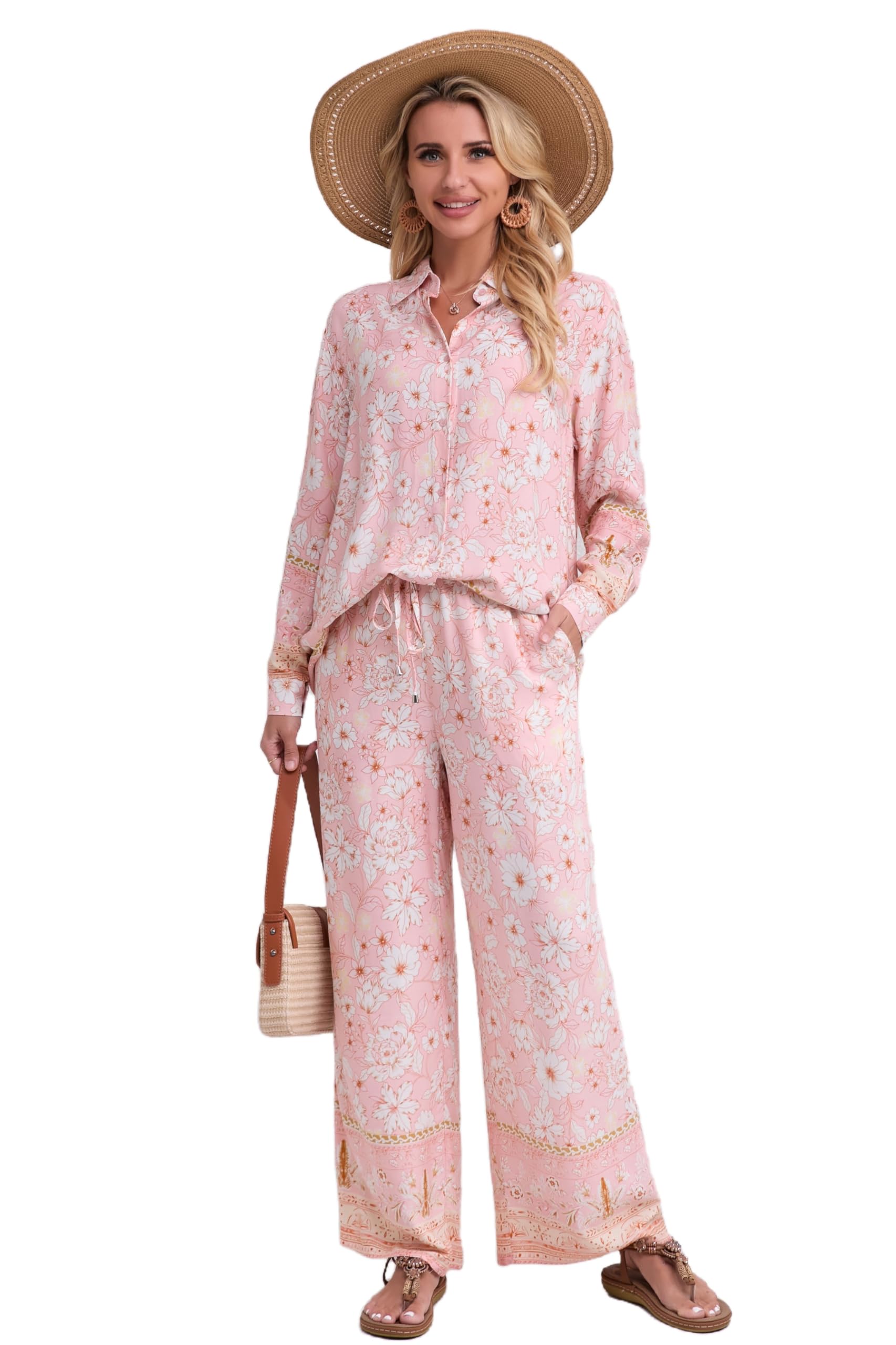 HECCPLI Women Bohemian Printed 2 Piece Long Sleeves Outfit Button Down Shirt Drawstring Wide Leg Pants Sets