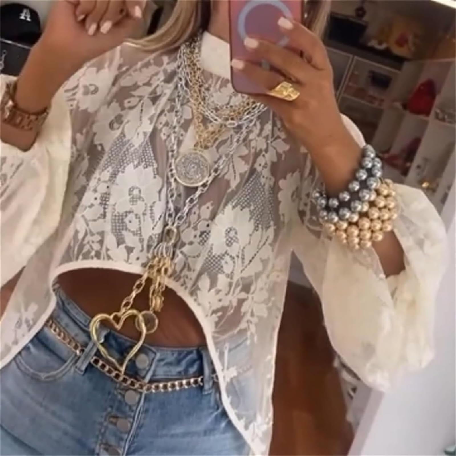 Camiseta casual de encaje con cuello redondo para mujer, parte delantera y espalda larga, dobladillo asimétrico, bordado transparente