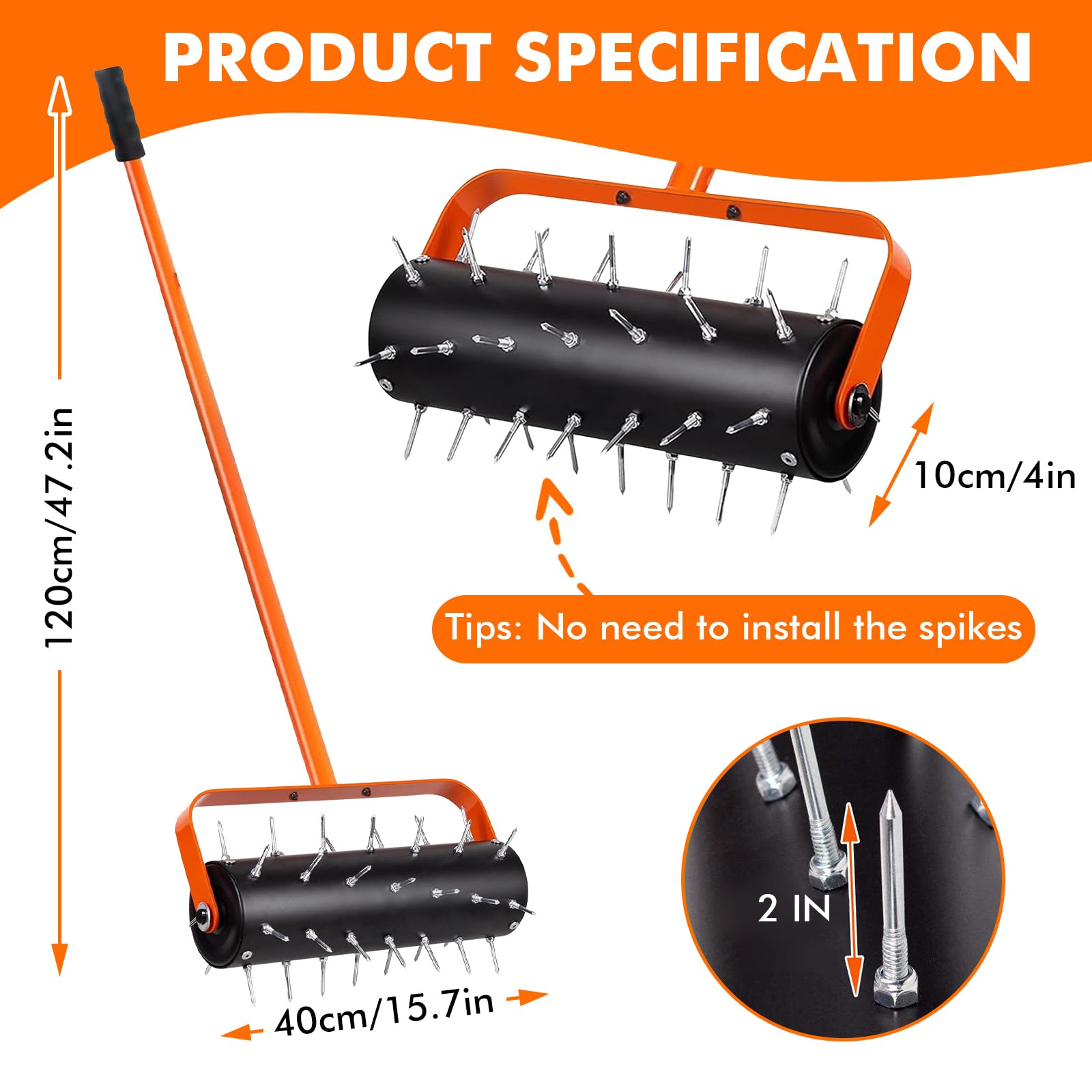LIROPAU Arieggiatore Manuale a Rullo per Prato, Verticutatore a Mano con 42 Chiodi, 5 cm, 120 x 40 cm