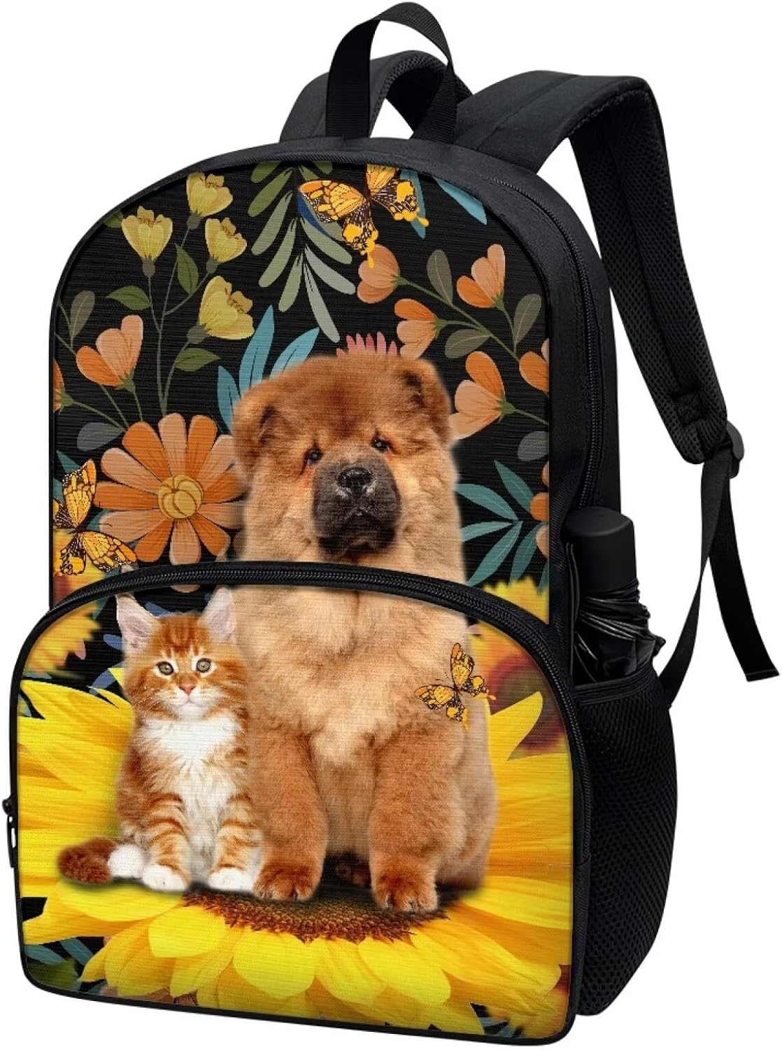 Talayituse Chow Chow Cat Print School Backpack for Teen Girls Boys Sunflower Flower Middle High School Student Bookbag Rucksack Casual Daypack for College Travel