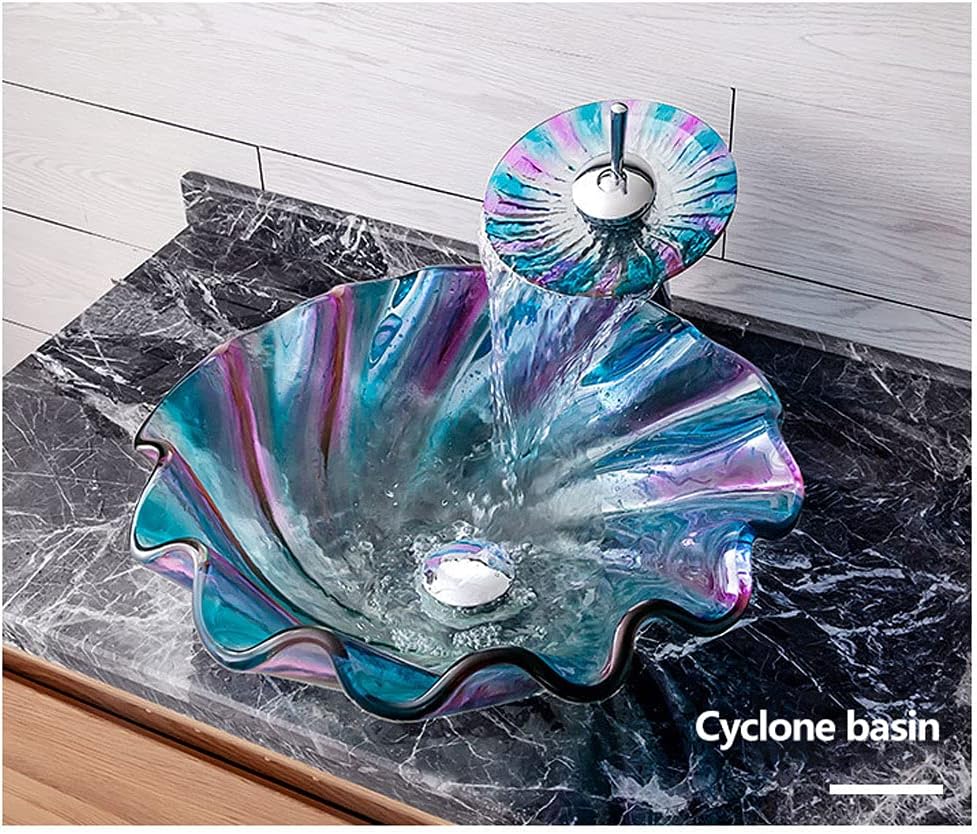 Artistic Bathroom Sink Bathroom Sink Set Tempered Glass Sink Single Basin Waterfall Faucet Drain Hole 45mm Suitable for Restaurants Bathrooms Hotels(T12x450x450x150mm) (Style 2)