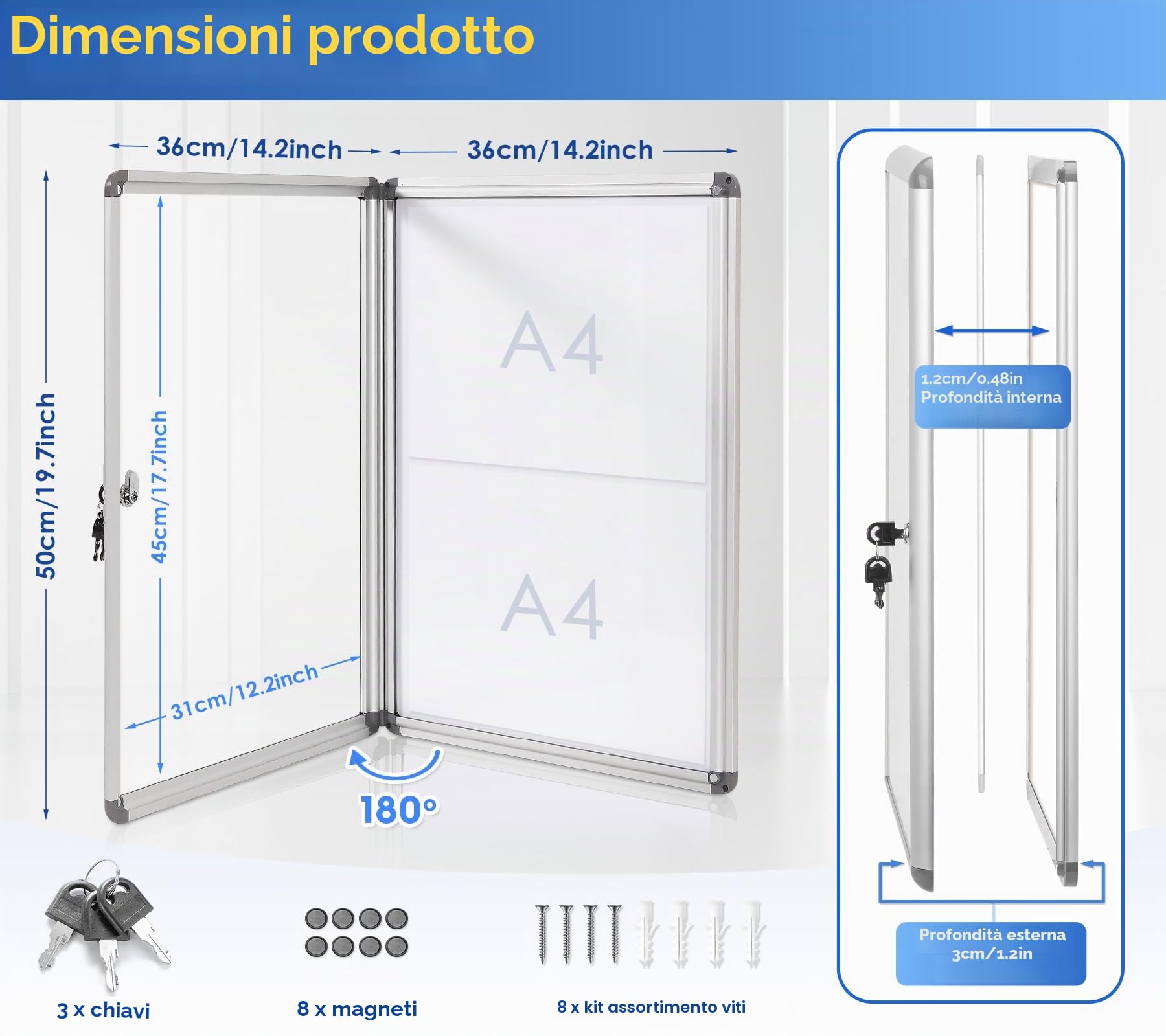 Swansea Bacheca da Parete con Vetro Acrilico 2xA4丨Bacheca Con Anta Battente Per Interni in Alluminio丨per Condominiale Scuola Ufficio丨49 x 36 cm
