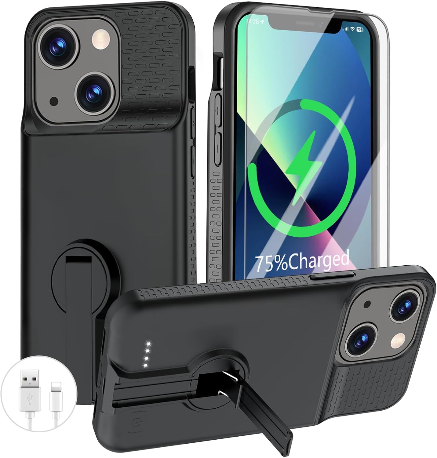 GIN FOXI Battery Case for iPhone 13/13 Pro/14/14 Pro Rechargeable Charging Case with Stand 7000mAh Ultra-Slim Anti-Fall Protection Extended Charger Cover for 14/14Pro/13/13 Pro 6.1" Black