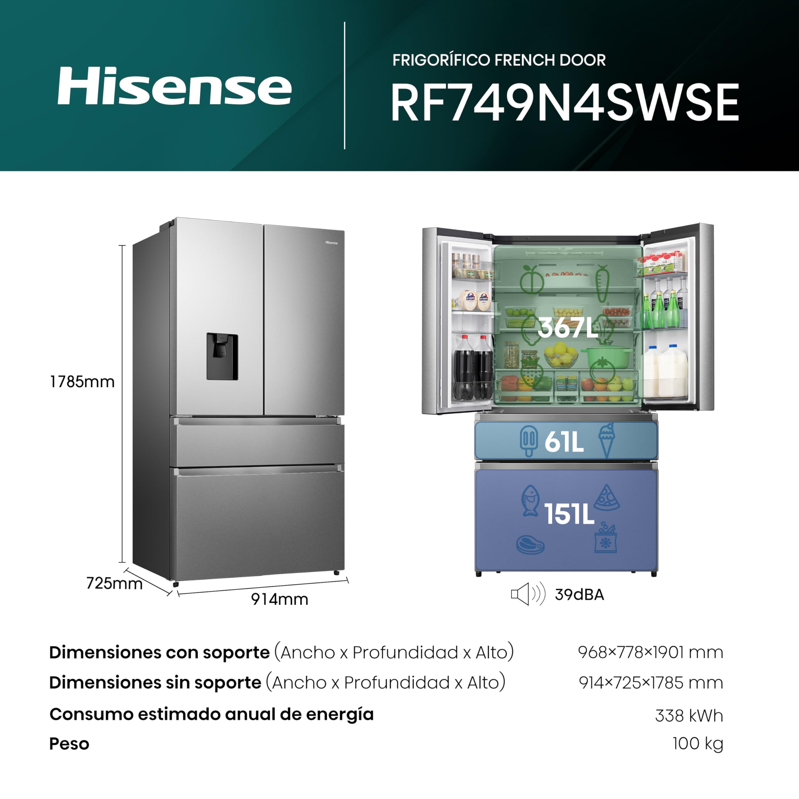 Hisense RF749N4SWSE - Frigorífico Americano,Conectividad Wifi No Frost, Inox Puerta Cajón Frances, Total No Frost, Capacidad Neta 579 L, 1.78 m,Silencioso