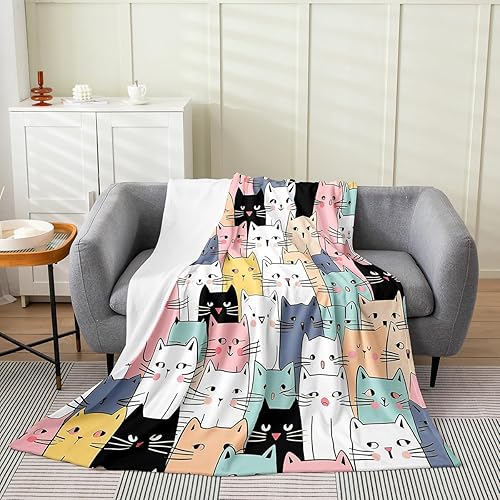 Miniatura 2 de Manta de franela de vellón de dibujos animados y gatos, para niñas, con estampado de gatos kawaii para todas las estaciones, manta mullida para