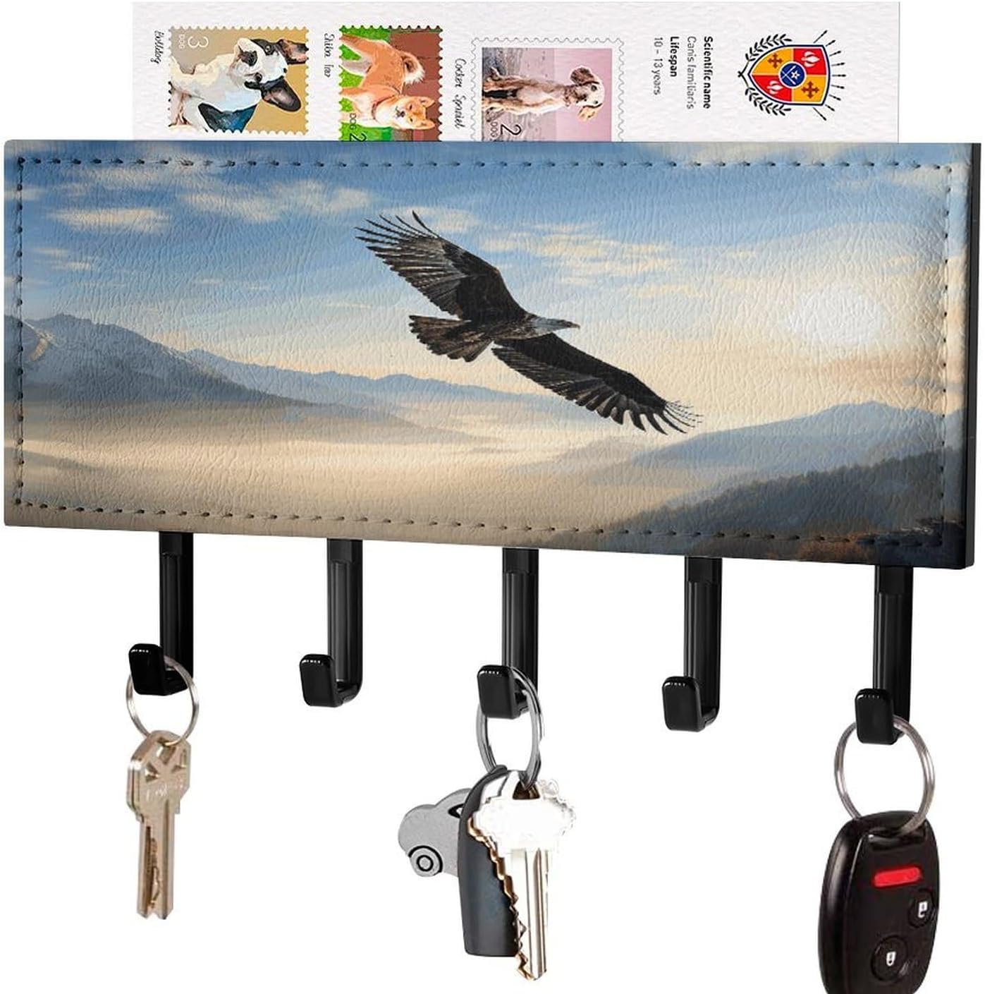 PU Leather Key Holder Wall Mount Key Organizer, Decorative Adhesive Key Rack with 5 Key Hooks, Fashion Eagle Mountains Key Hanger Decor for Entryway Door Bathroom Kitchen Hallway