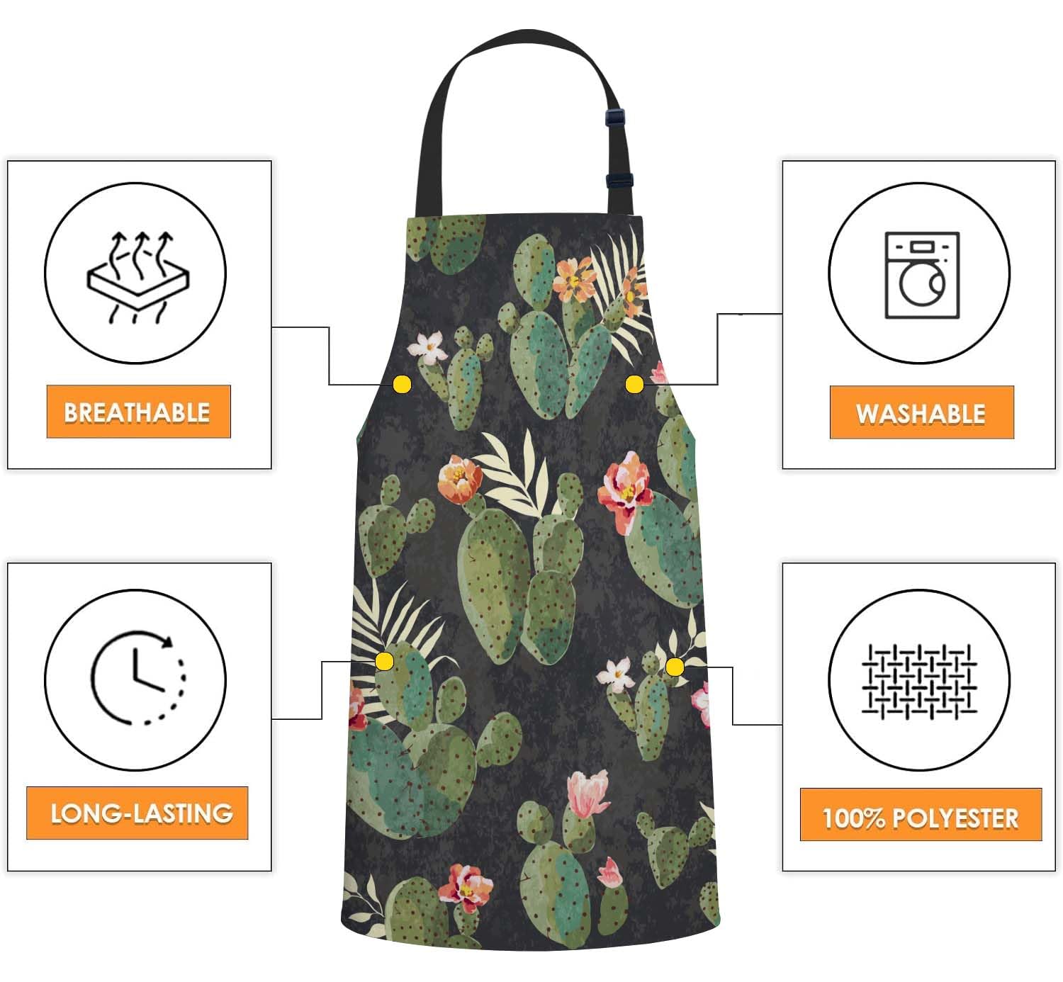 Smooffly Vintage Cactus Apron Adjustable Bib Chef Aprons Cooking Apron Unisex Women Men Aprons Perfect for Home Kitchen Baking - Image 4