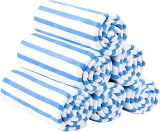 JML Microfiber Beach Towels 6 Pack Large 27x55" Absorbent Quick Dry Bath Towels for Adults - Cabana Stripe Blue Gym Pool Yoga