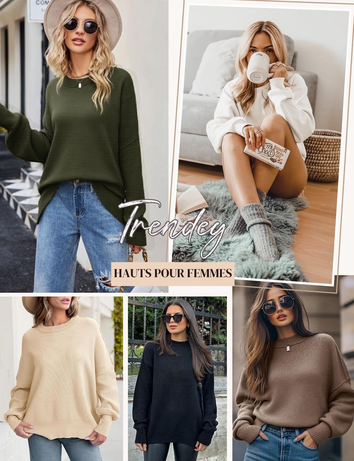 CMTOP Pull Femme Hiver Chic et Elegant Oversize Pull Chaud Décontracté Manches Longues Col Rond Pullover Tricot Sweat Haut Thermique Automne
