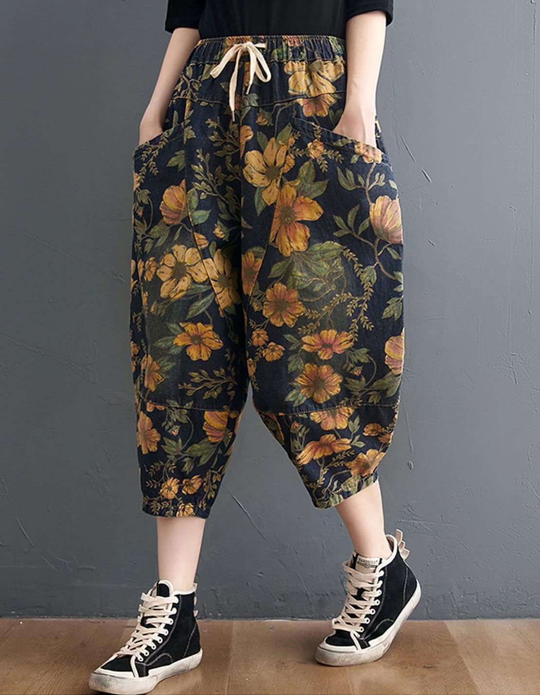 Women's Casual Denim Jeans Print Drawstring Elastic Waist Cotton Loose Splicing Harem Pants - Image 6